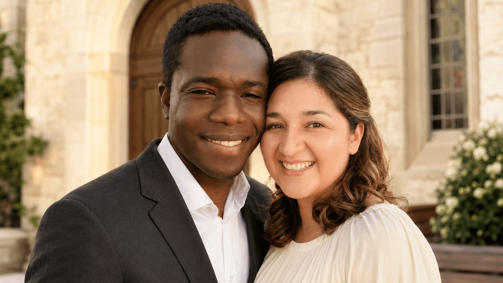 Lily and Schammy smiling together in a warm ministry setting