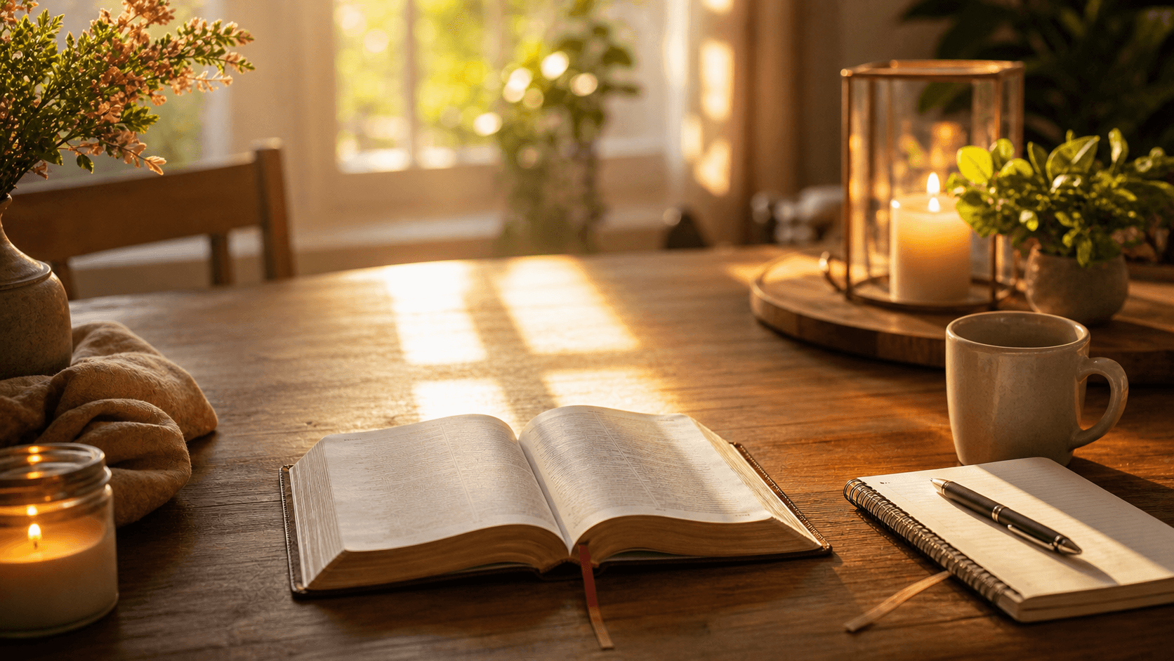 Open Bible on a warm prayer table with peaceful light