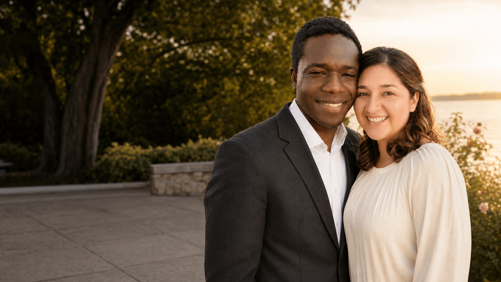 Lily and Schammy smiling together in a warm ministry setting